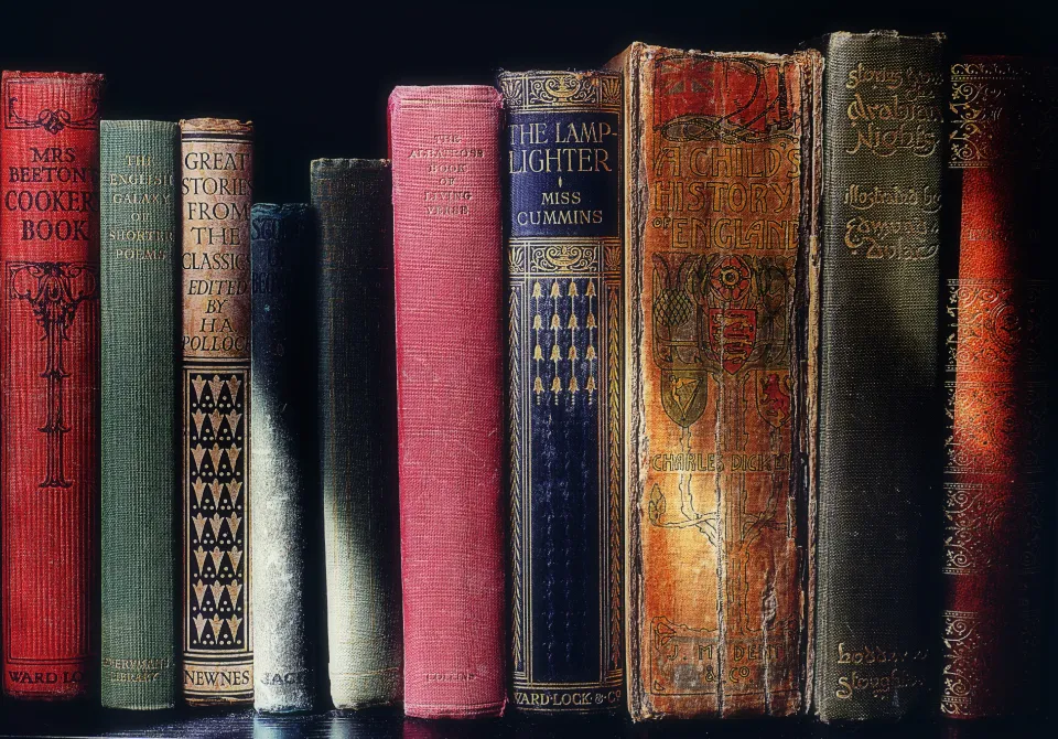 Worn cloth-bound books standing side by side